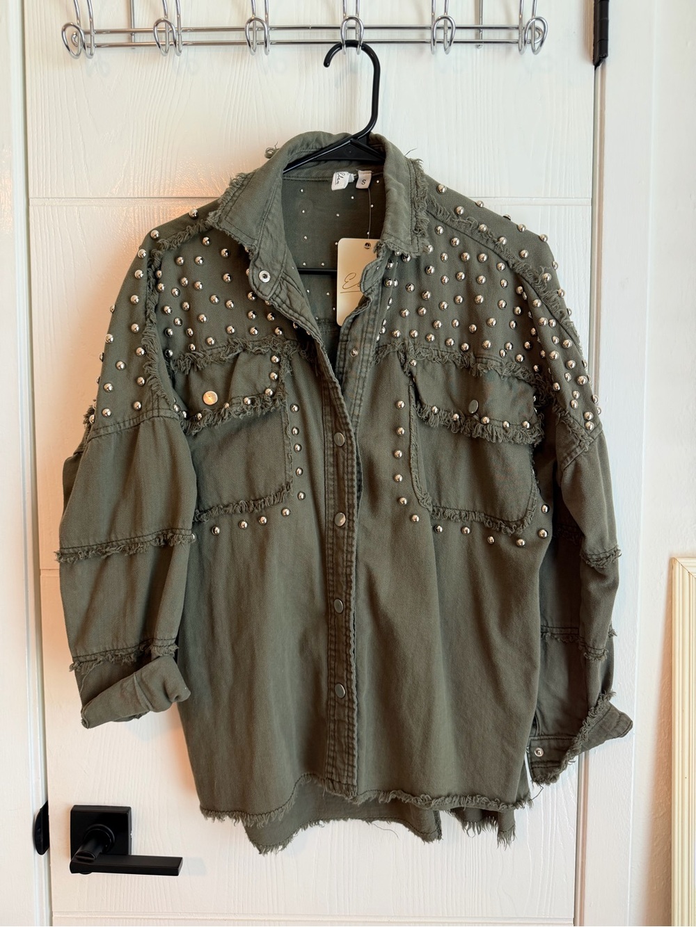 Stud-Embellished Olive Green Utility Shacket - Women